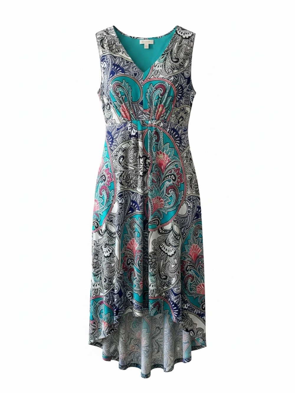 Chico's Teal Paisley Sleeveless High-Low Dress with Pink Accents - Cruise Time!